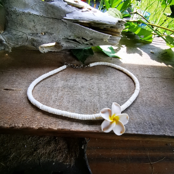 Puka Shell and Plumeria Flower Necklace - Picture 1 of 15